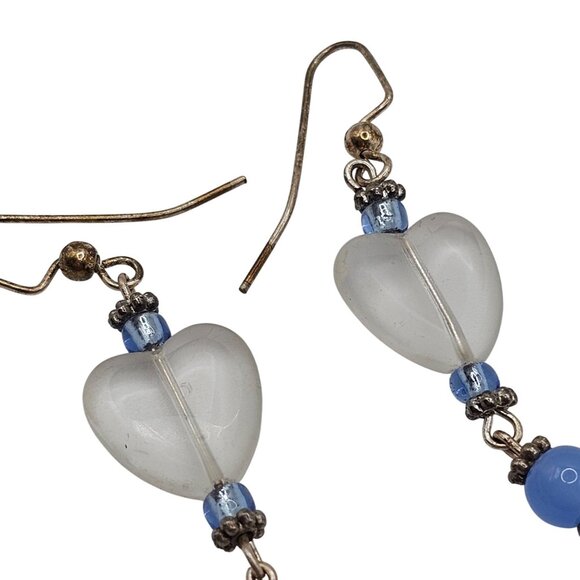 Women's Fashion Jewelry Clear Heart Shaped Blue Beaded Dangle Drop Hook Earrings - Picture 2 of 11